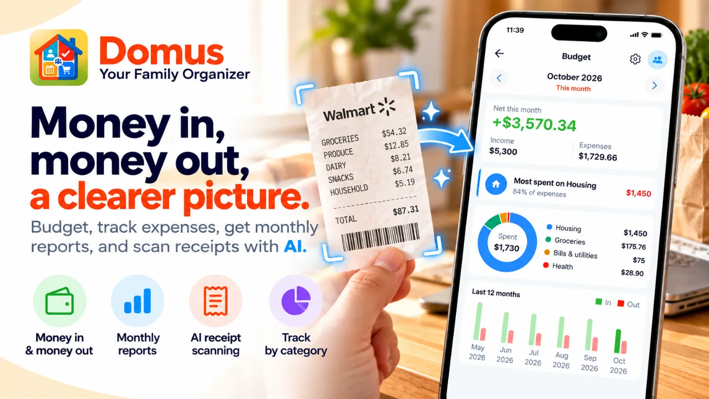 Domus household budget app showing income, expenses by category and a scanned receipt