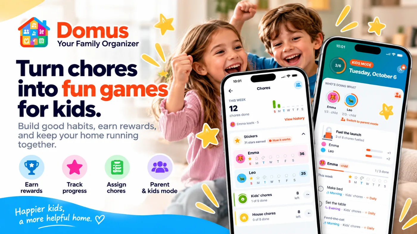 Domus chore app for kids with sticker rewards, weekly progress and a kids mode
