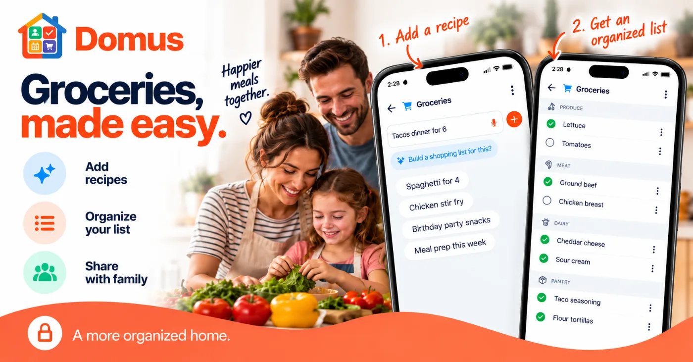 Domus shared grocery list app turning a recipe into a shopping list sorted by aisle