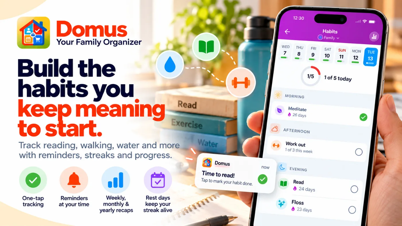 Domus habit tracker with daily habits, streaks, a reminder notification and weekly progress