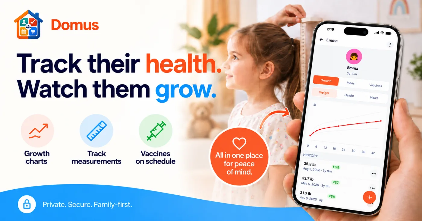 Domus family health tracker with growth charts, measurements, medications and vaccines for a child