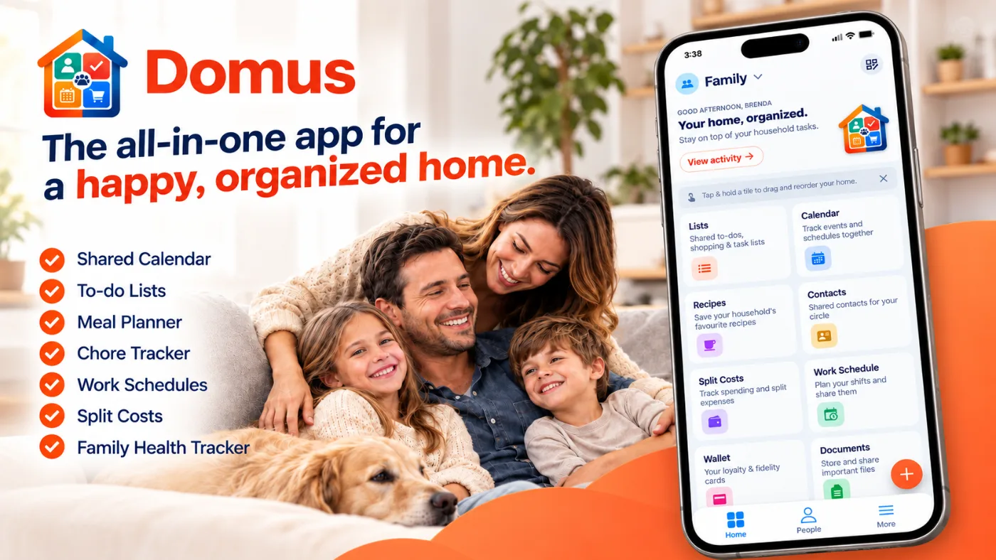 Domus family organizer app home screen with tiles for lists, calendar, recipes, contacts, split costs, work schedule, wallet and documents