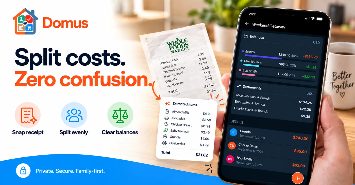 Domus split costs app showing who paid, who owes and the settlement between roommates