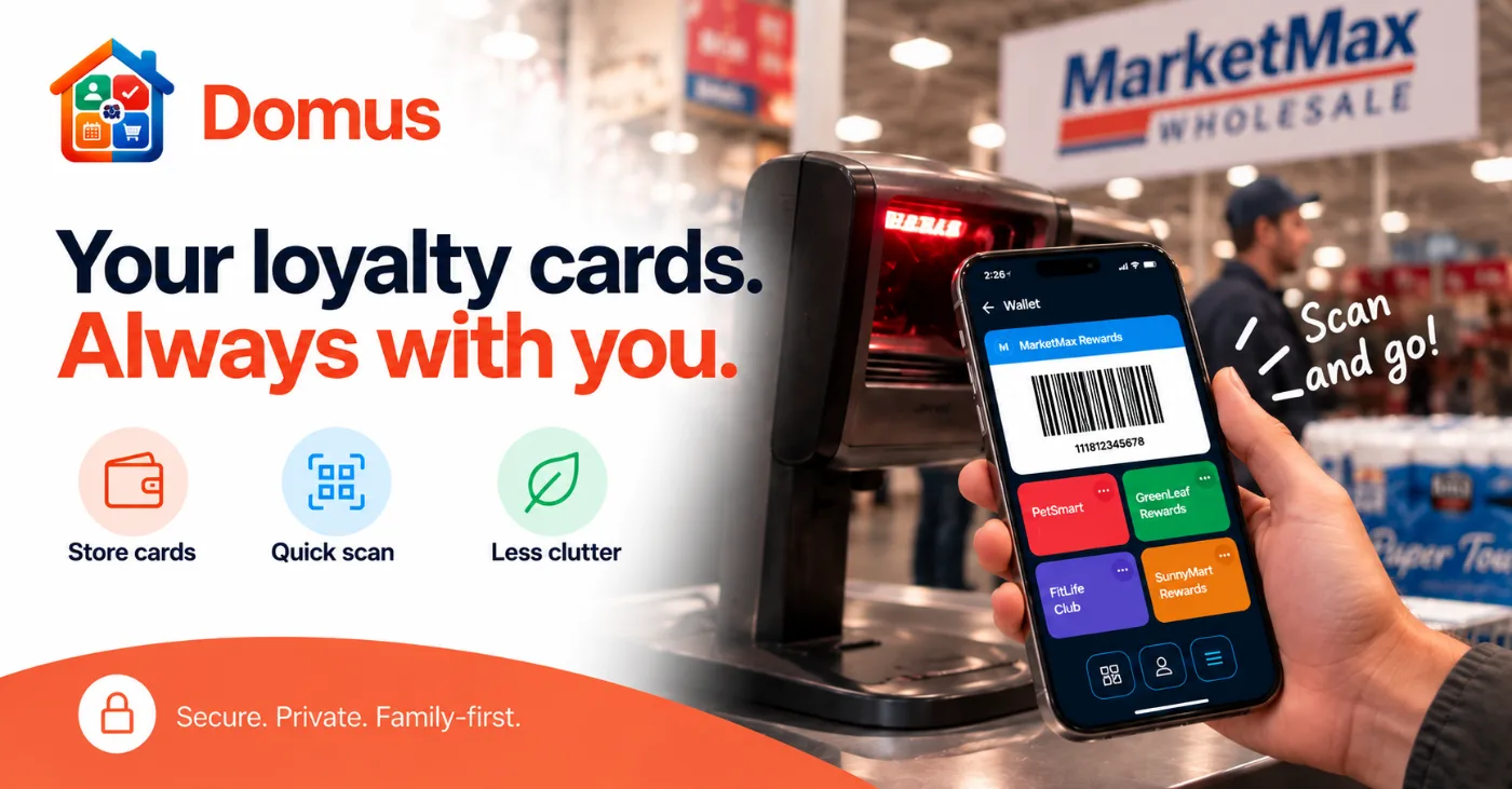 Domus shared loyalty card wallet with a store barcode ready to scan at checkout