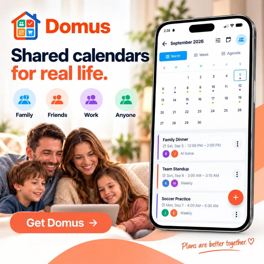 Domus shared family calendar app with month, week and agenda views