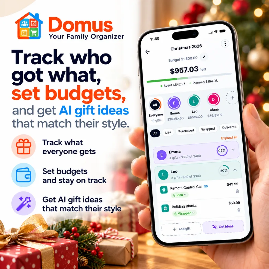 Domus gift tracker with per-person budgets, gift status and AI gift ideas