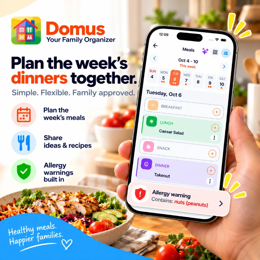Domus weekly meal planner with breakfast, lunch, snack and dinner slots and allergy warnings