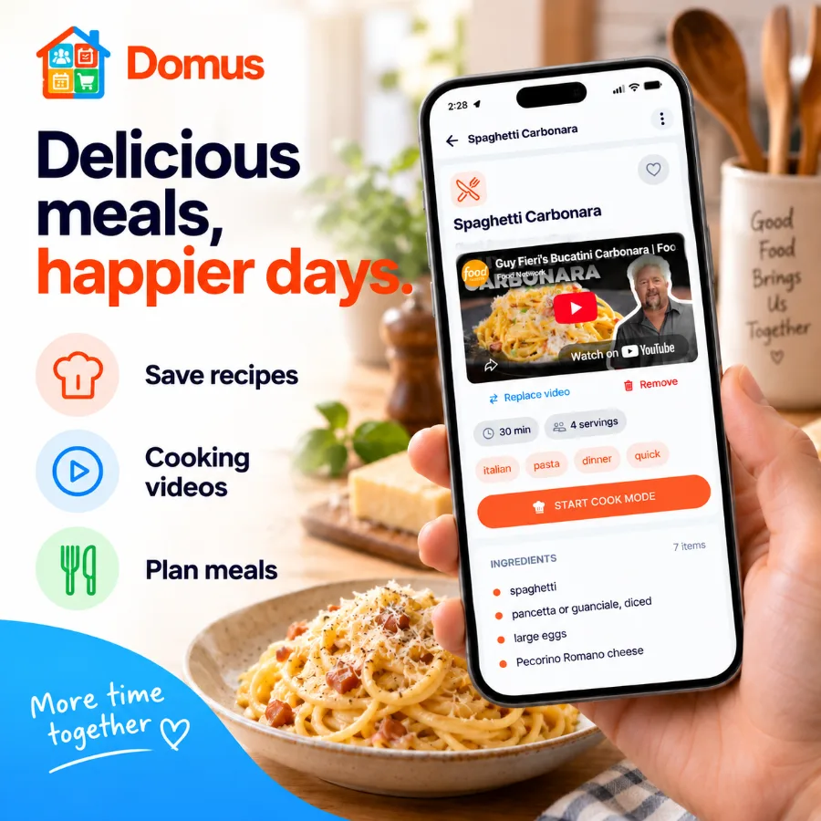 Domus household recipe book with saved recipes and cooking videos