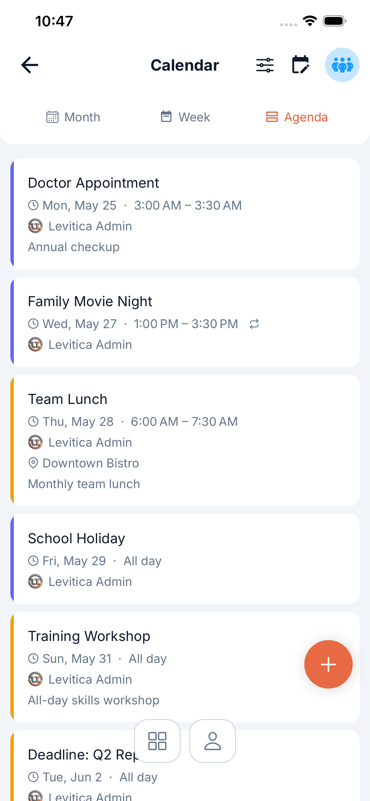 Domus shared family calendar month and agenda views