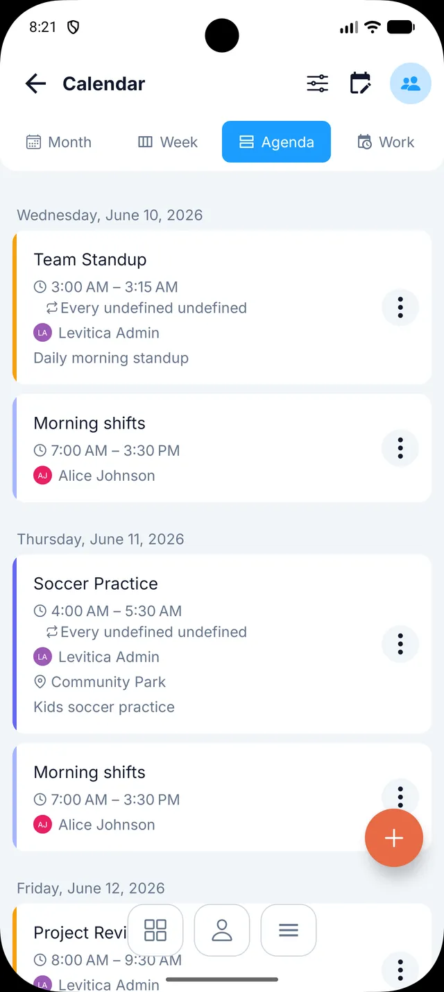 Domus shared family calendar app with month and agenda schedule views