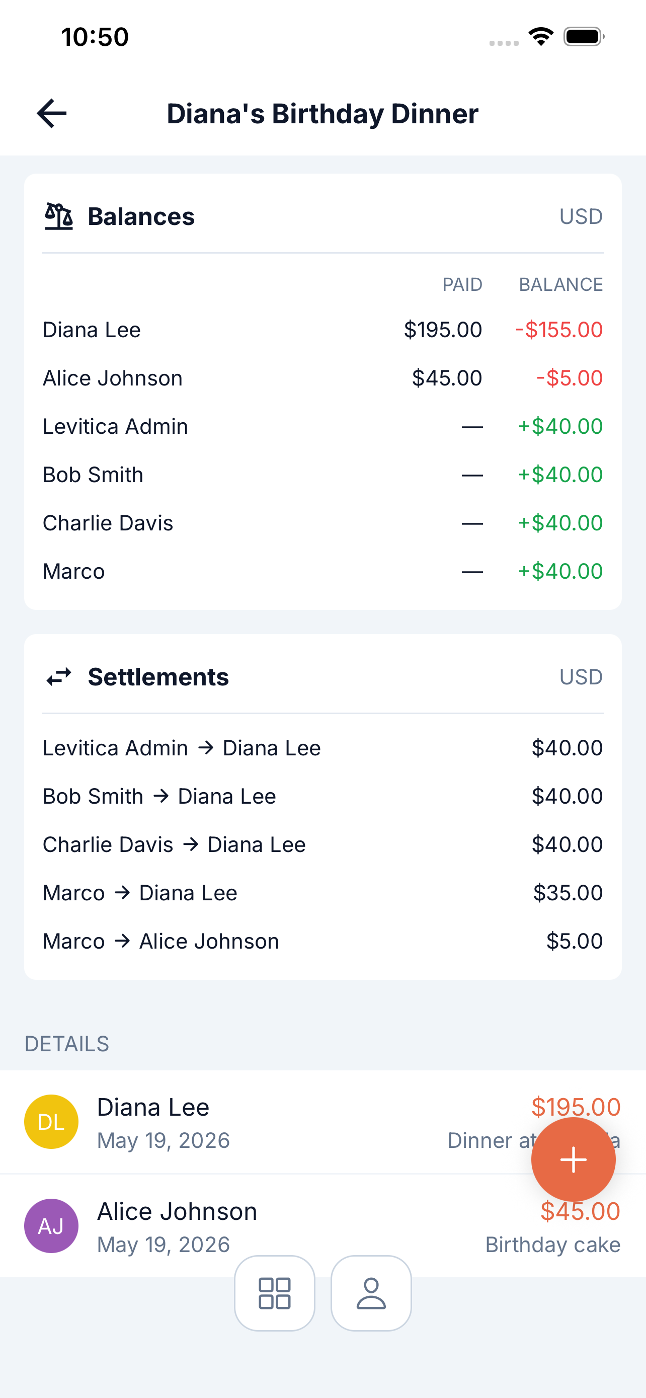 Domus split expenses screens showing balances and details