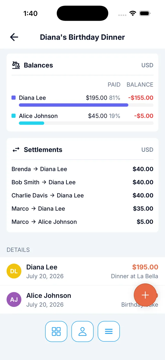 Domus split expenses screens showing balances and details