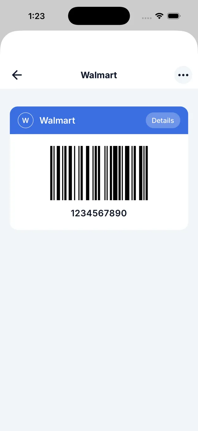 Domus loyalty card wallet shared with the family and a store card barcode ready to scan at checkout