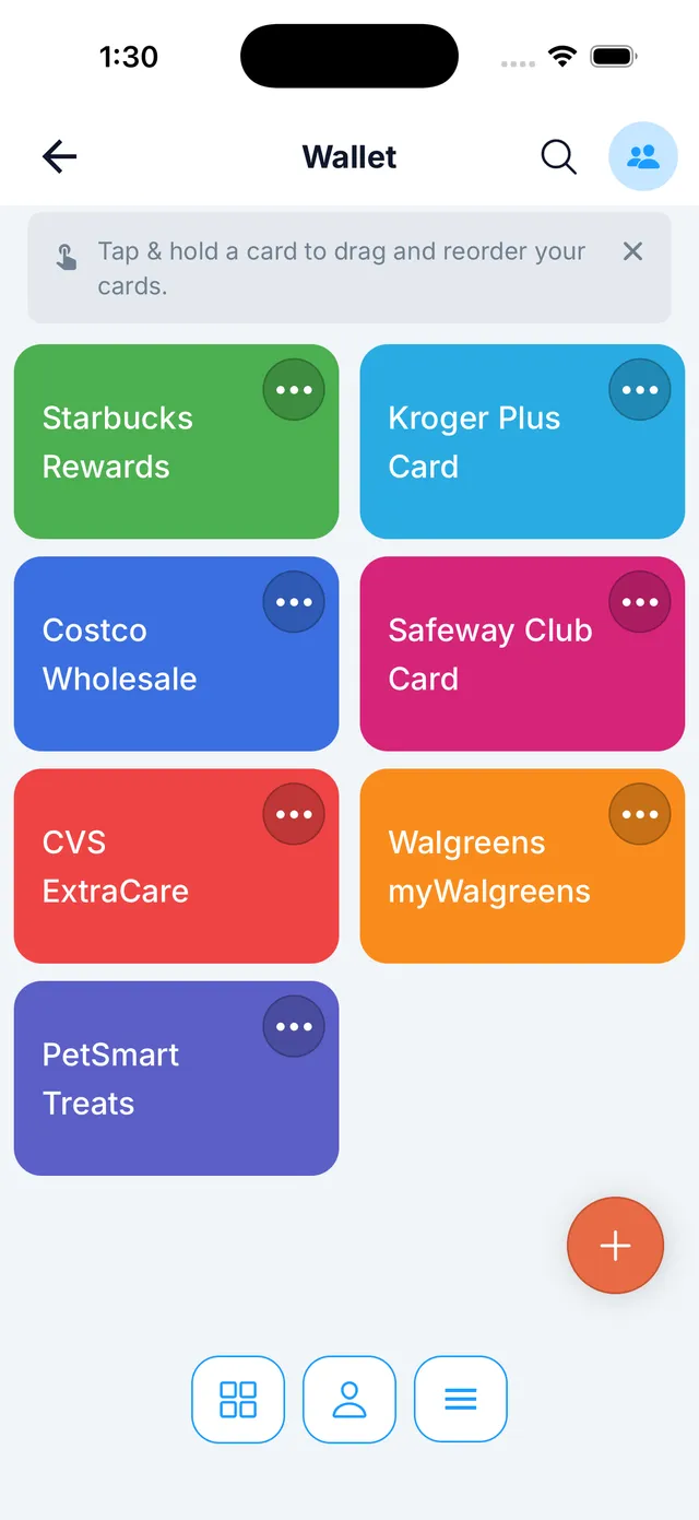 Domus loyalty card wallet shared with the family and a store card barcode ready to scan at checkout