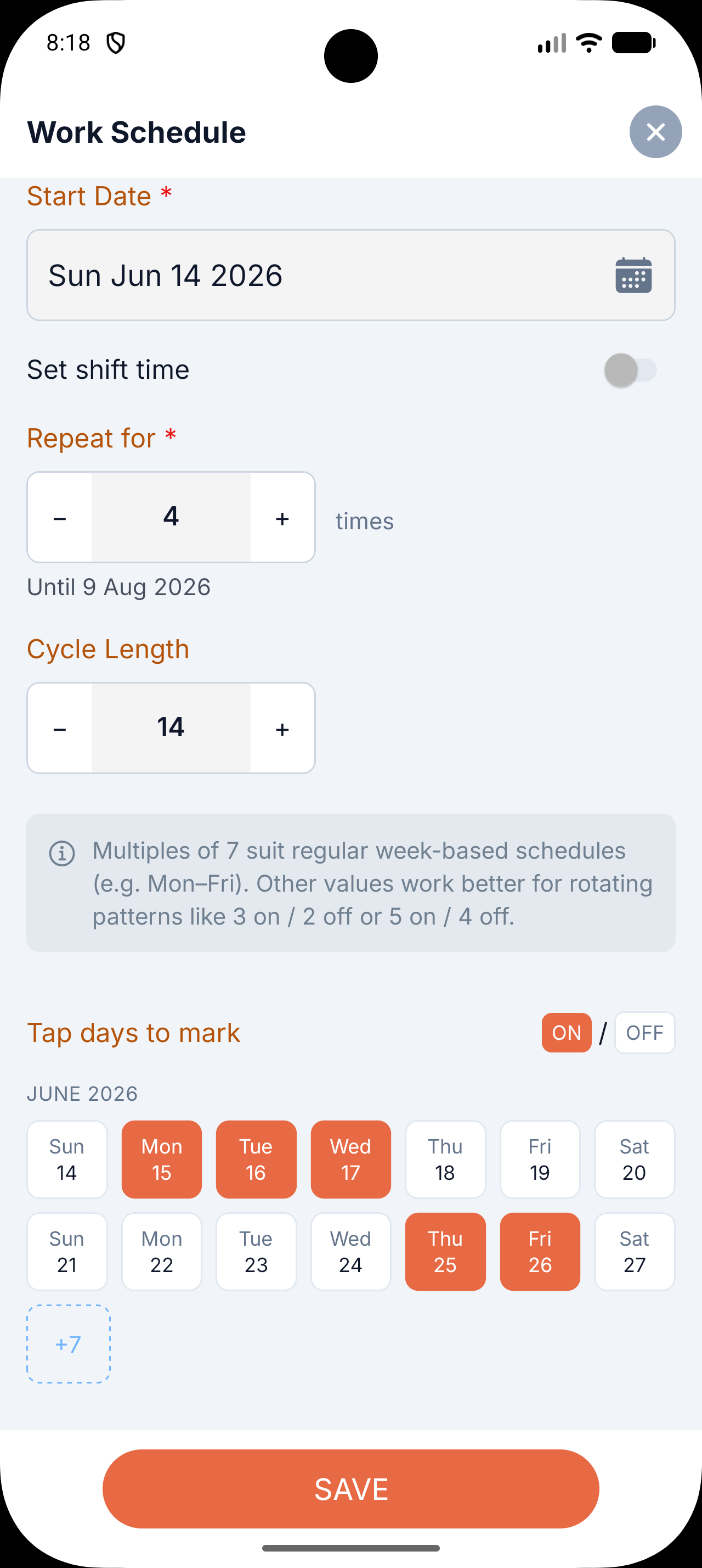Domus work schedule app showing a family member's shift calendar and rotating shift pattern setup