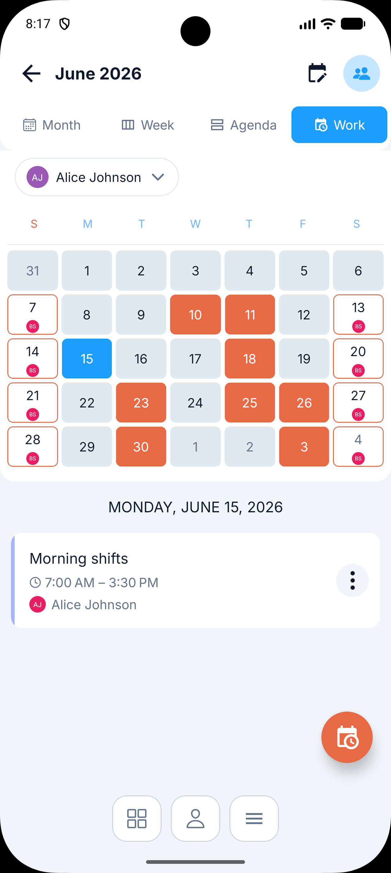 Domus work schedule app showing a family member's shift calendar and rotating shift pattern setup