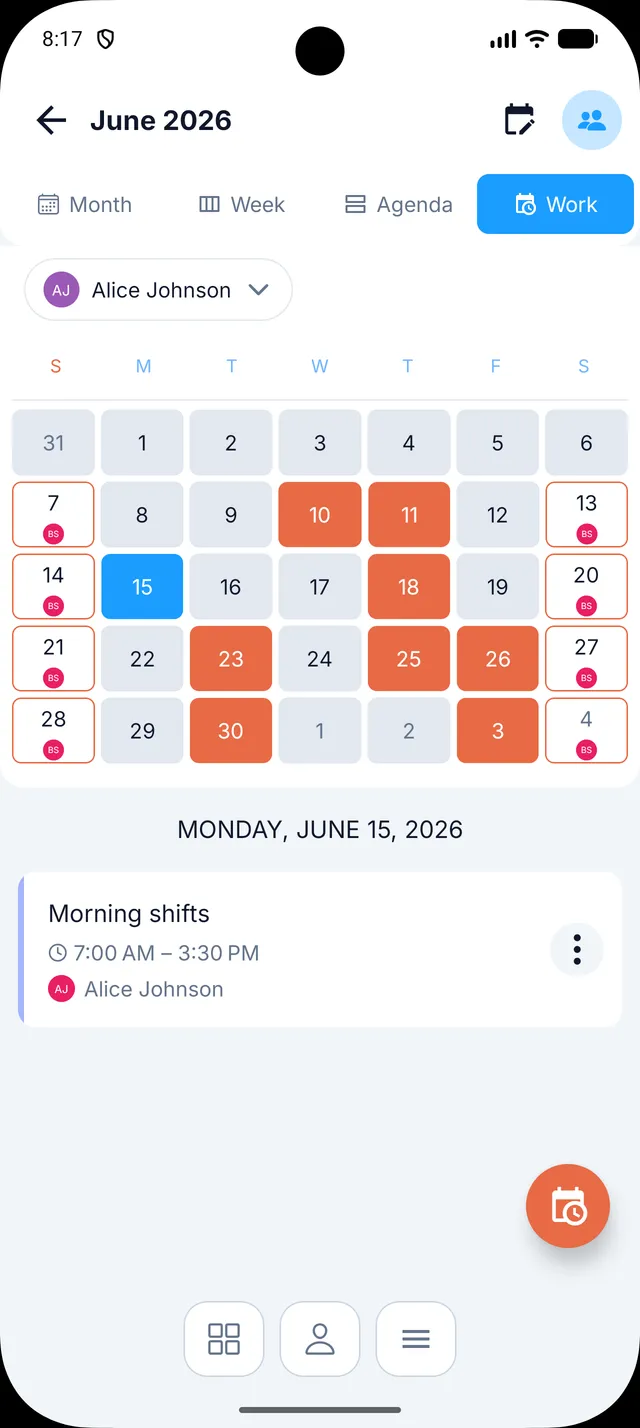 Domus work schedule app showing a family member's shift calendar and rotating shift pattern setup