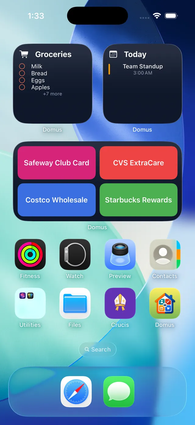 Domus home screen widgets showing the grocery list, today's calendar events, and pinned loyalty cards