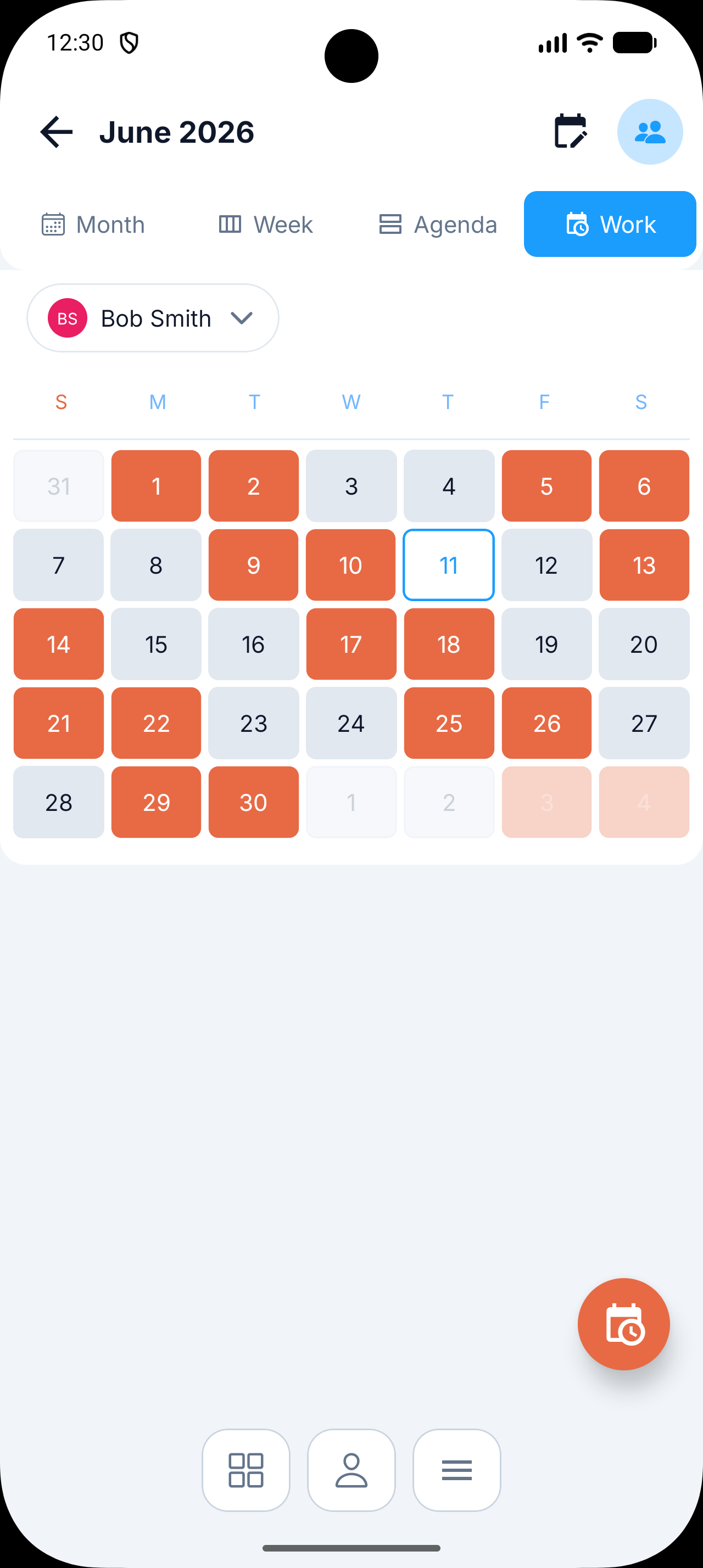 Calendar showing the resulting 2-on-2-off rotating shift