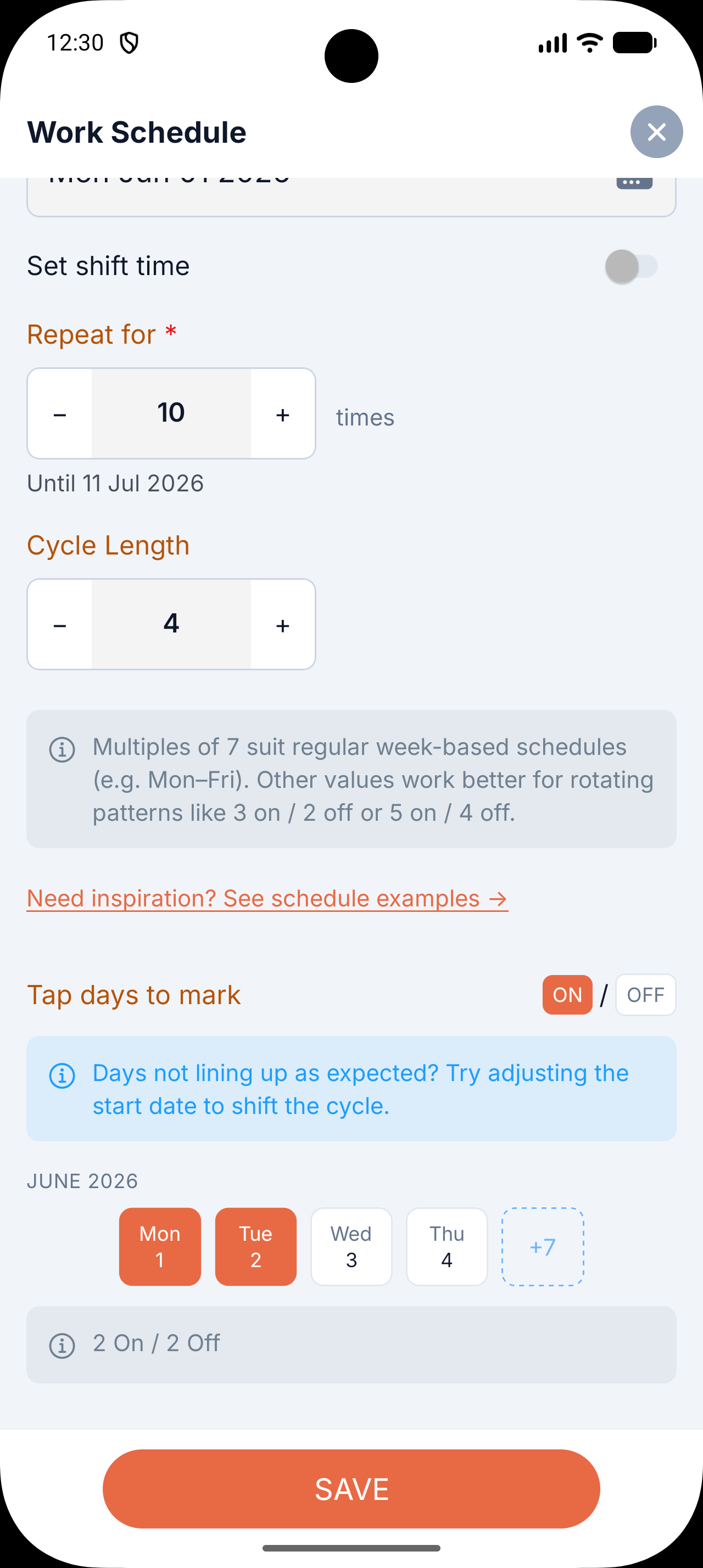 Work schedule creation screen configured for 2 on / 2 off