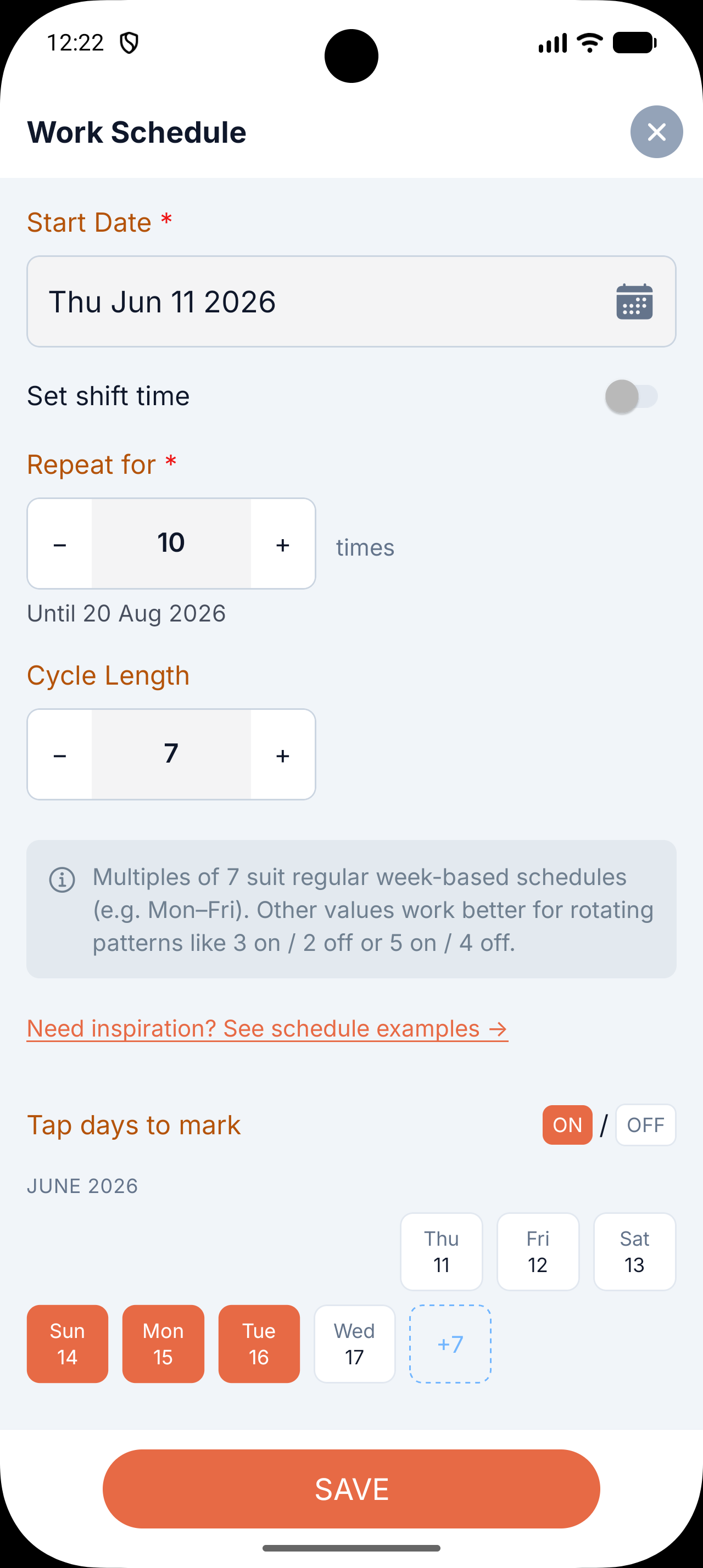 Work schedule creation screen configured for 3 on / 4 off