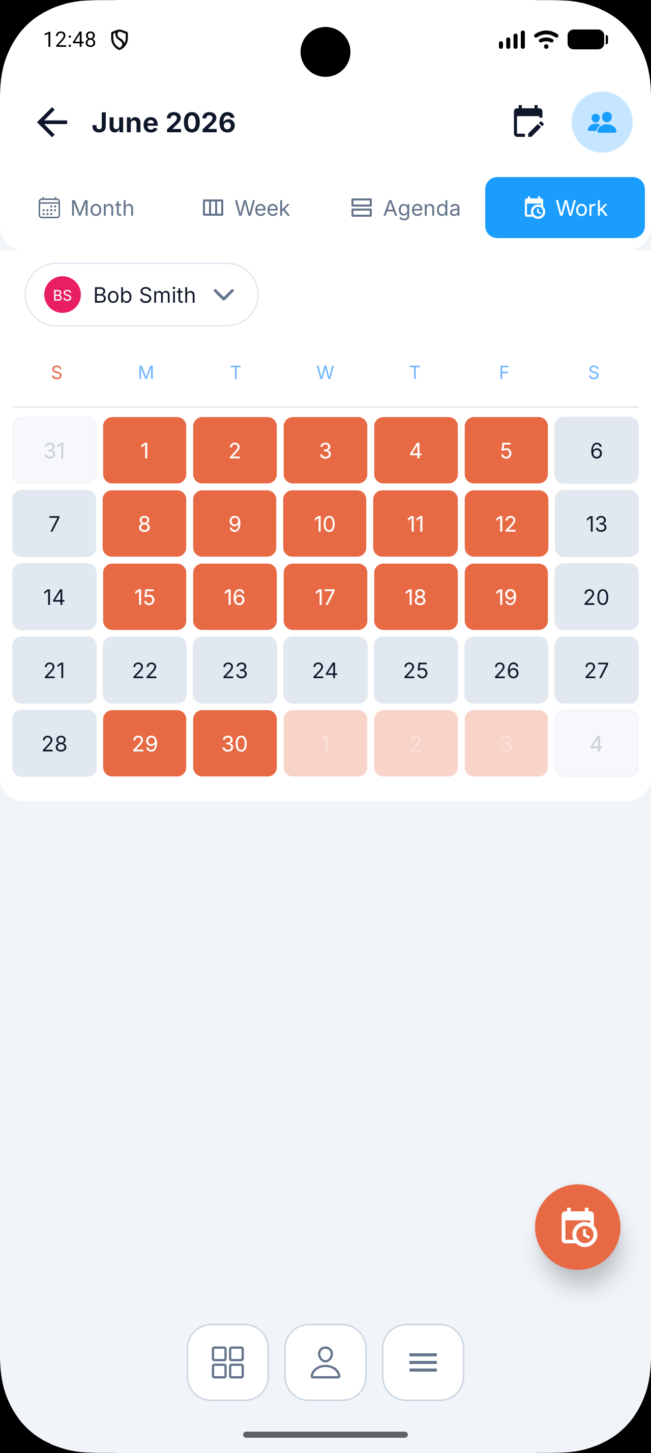 Calendar showing the resulting 3-weeks-on-1-week-off schedule