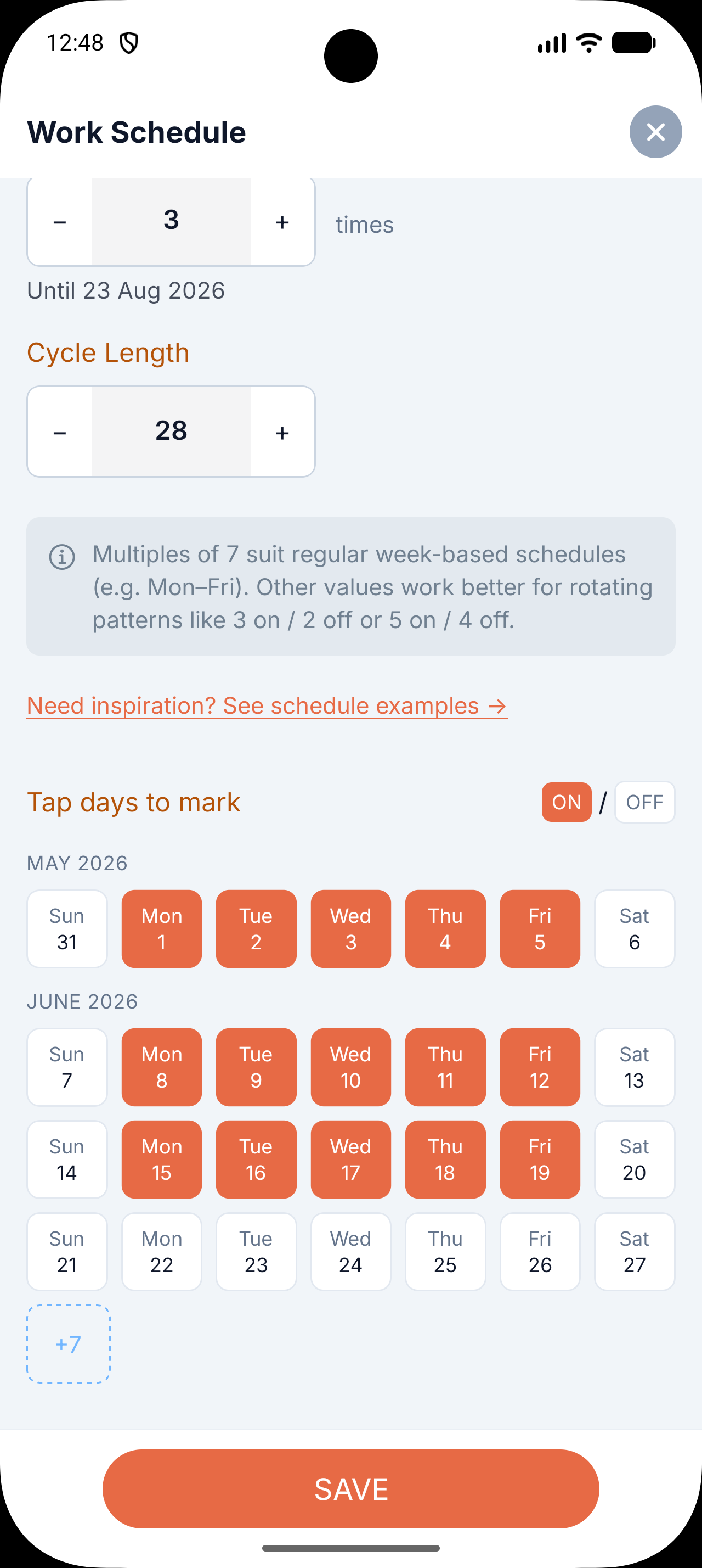 Work schedule creation screen configured for 3 weeks on / 1 week off