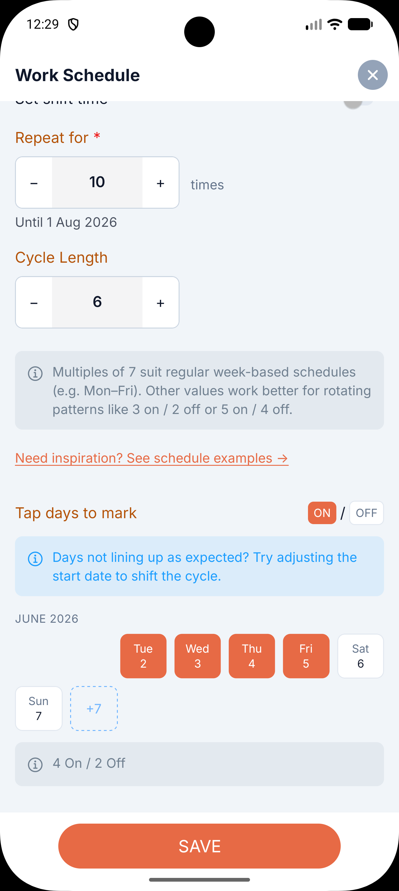 Work schedule creation screen configured for 4 on / 2 off