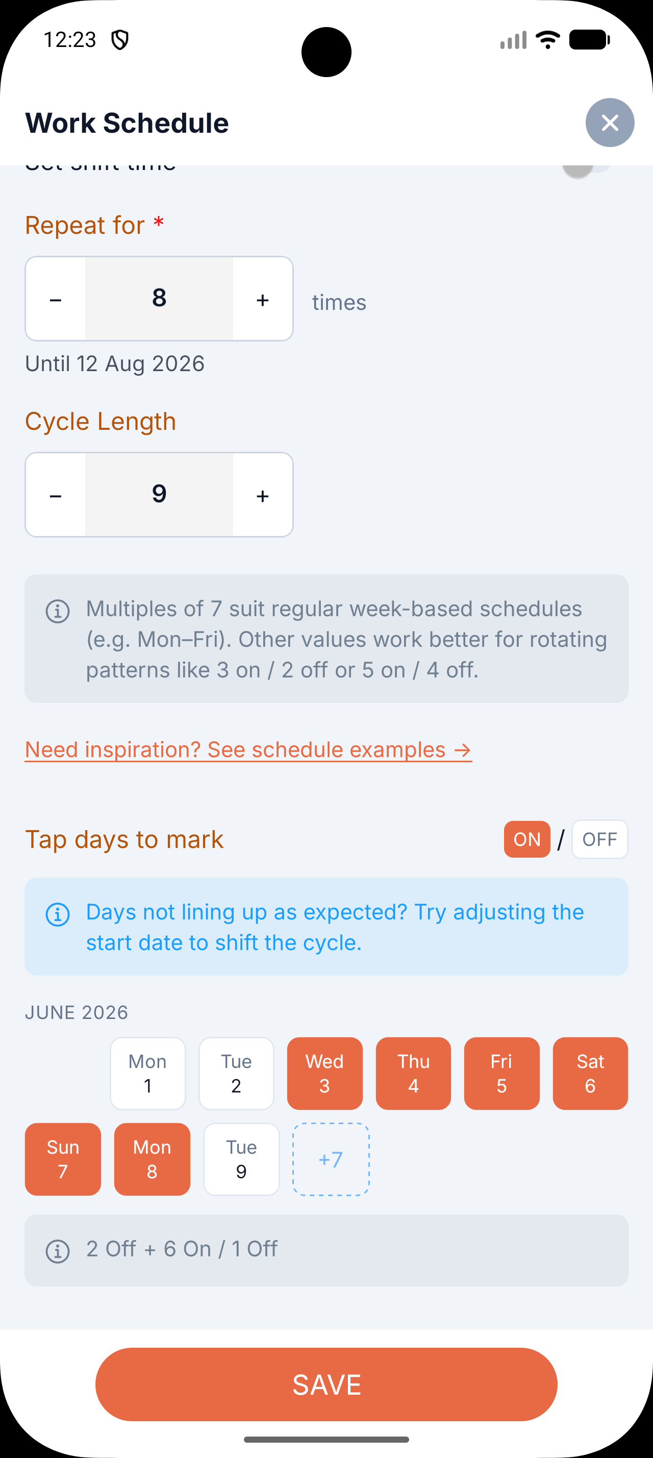 Work schedule creation screen configured for 6 on / 3 off