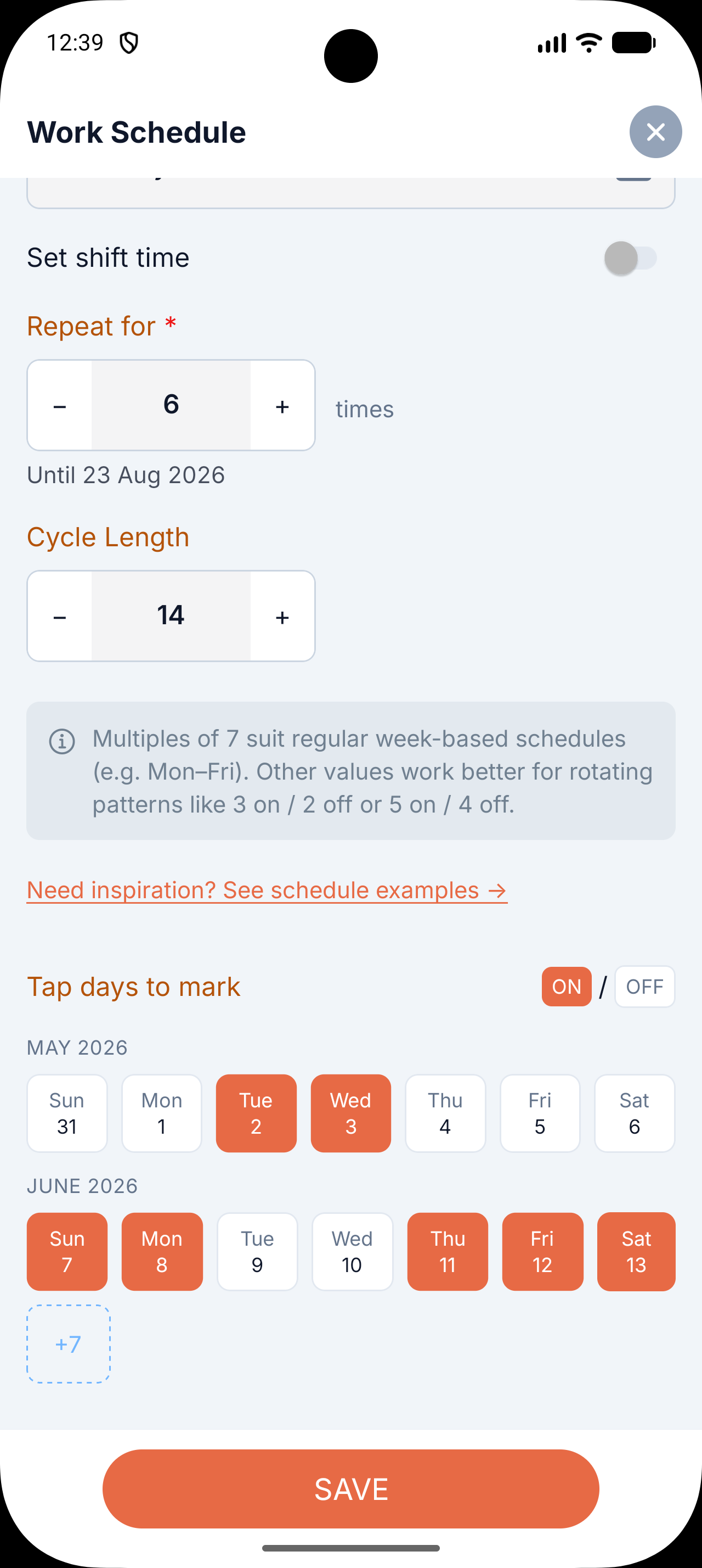 Work schedule creation screen configured for alternate weeks