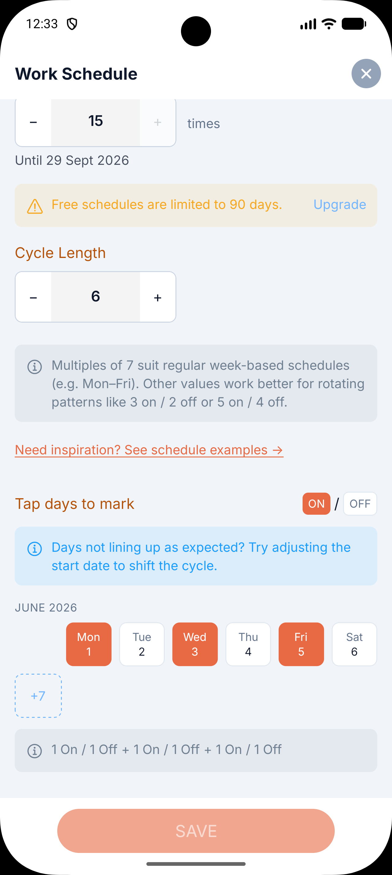 Alternate setup: 6-day cycle with alternating ON/OFF days