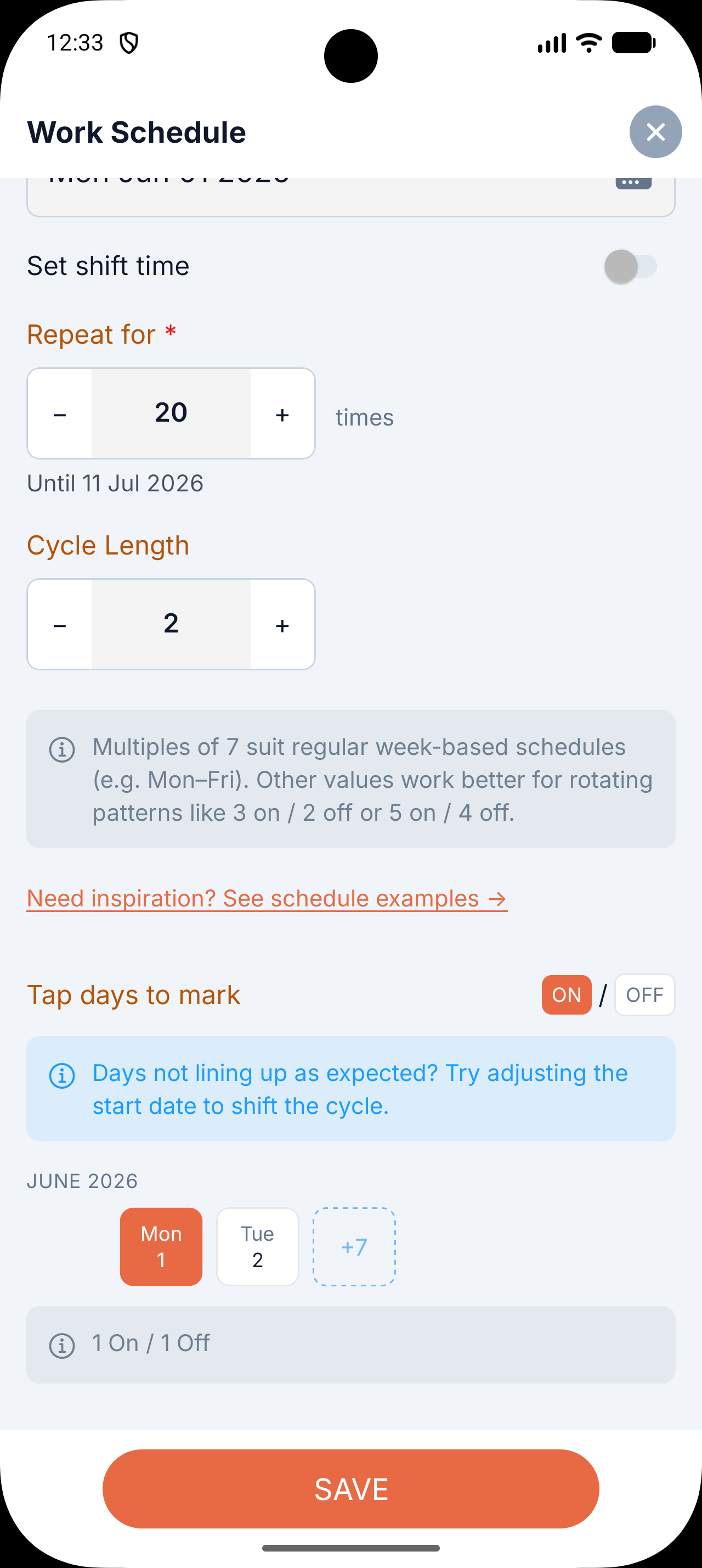 Work schedule creation screen configured for every other day