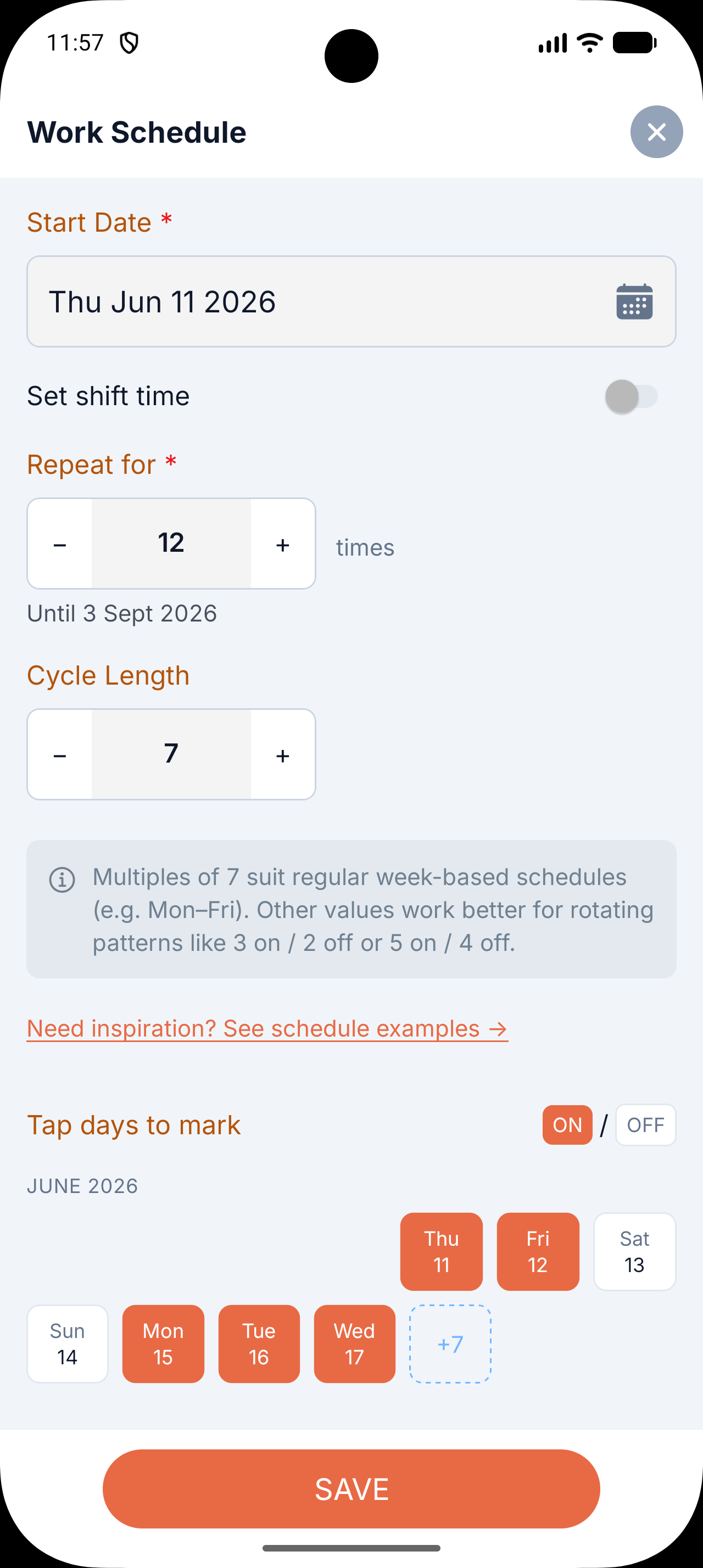 Work schedule creation screen configured for Mon–Fri