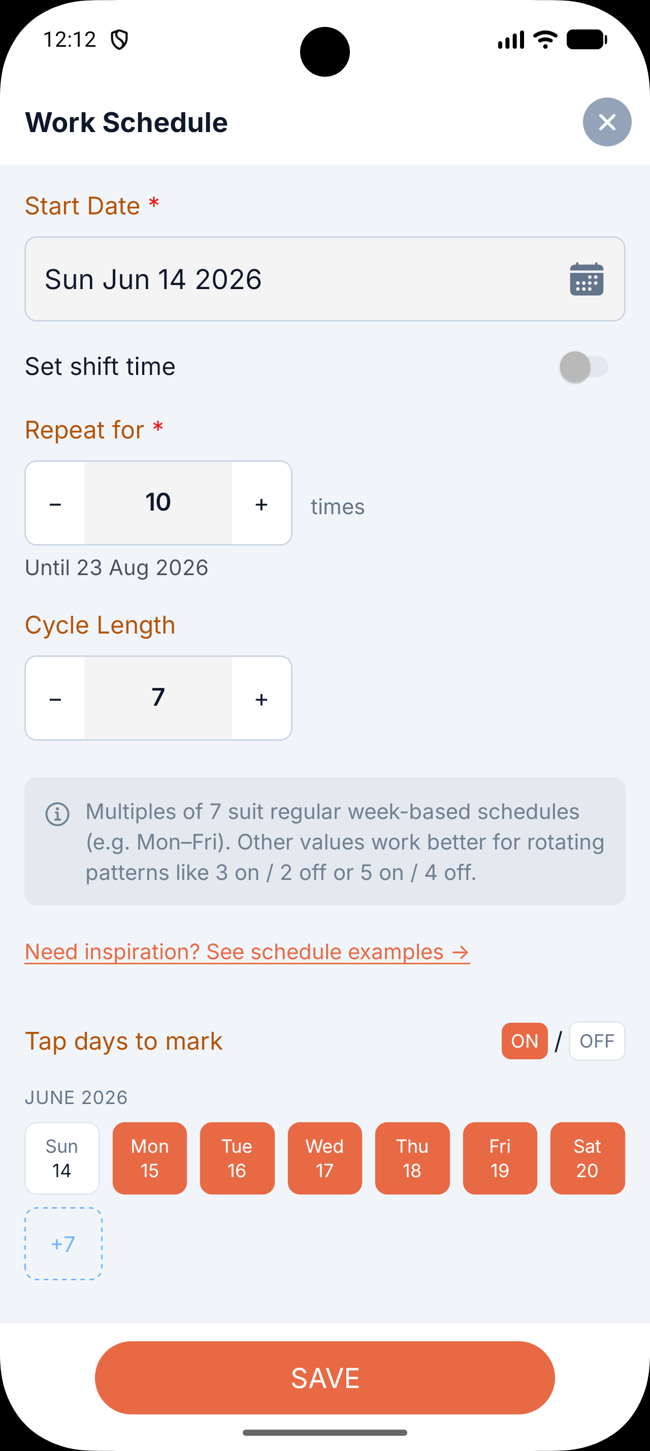 Work schedule creation screen configured for Mon–Sat
