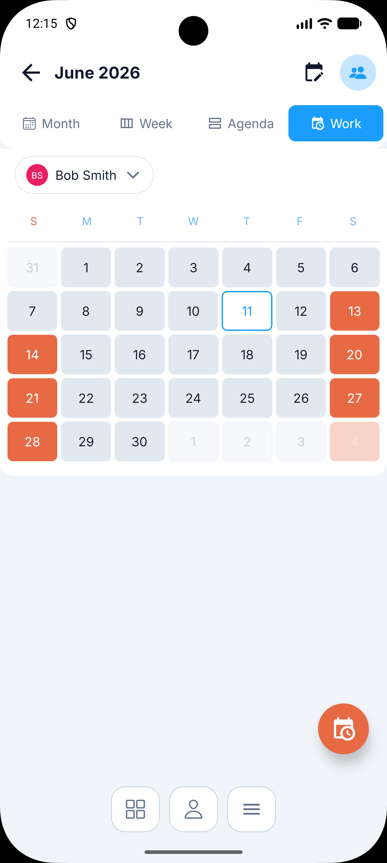 Calendar showing the resulting weekends-only work schedule