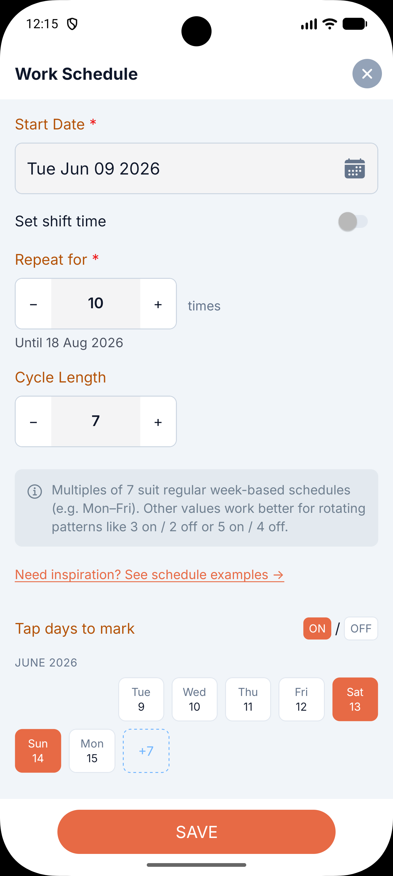 Work schedule creation screen configured for weekends only