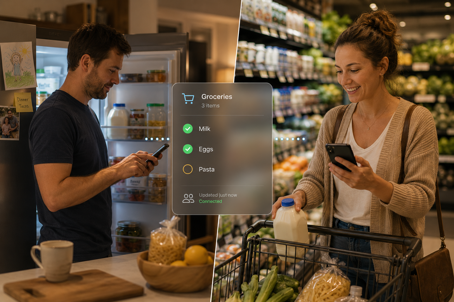 A husband updating the shared grocery list at home while his wife sees it update in real time at the supermarket