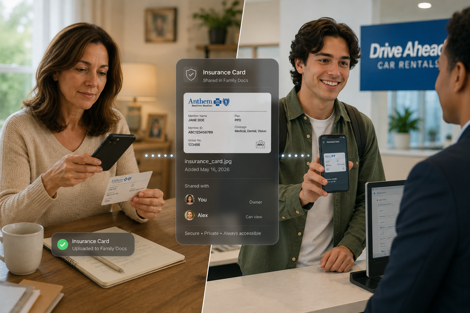 A parent uploading a document at home while a family member retrieves it on their phone at a service counter