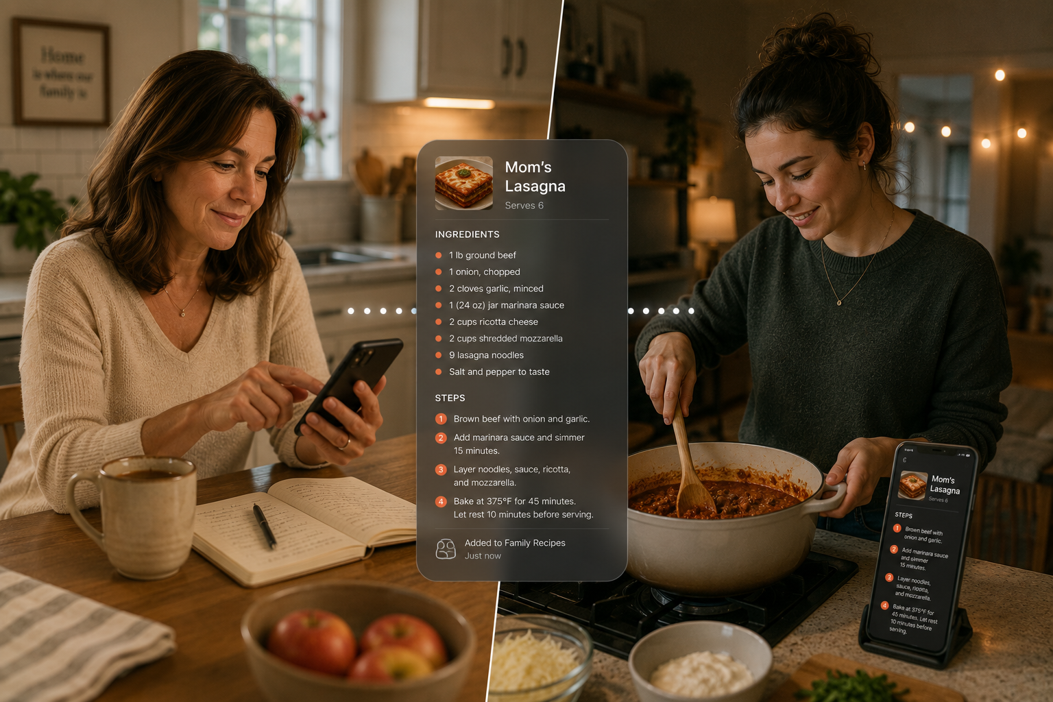 A mother entering a family recipe in the app while her daughter in a different home follows the same recipe while cooking
