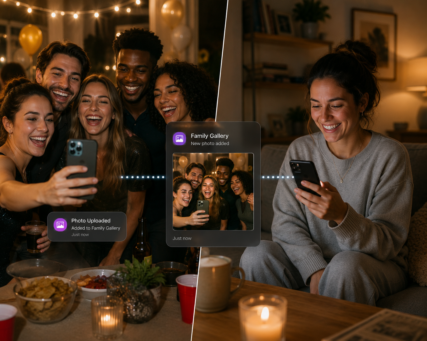 Friends taking a group photo at a party while a family member at home sees the photo appear instantly in the shared Domus gallery