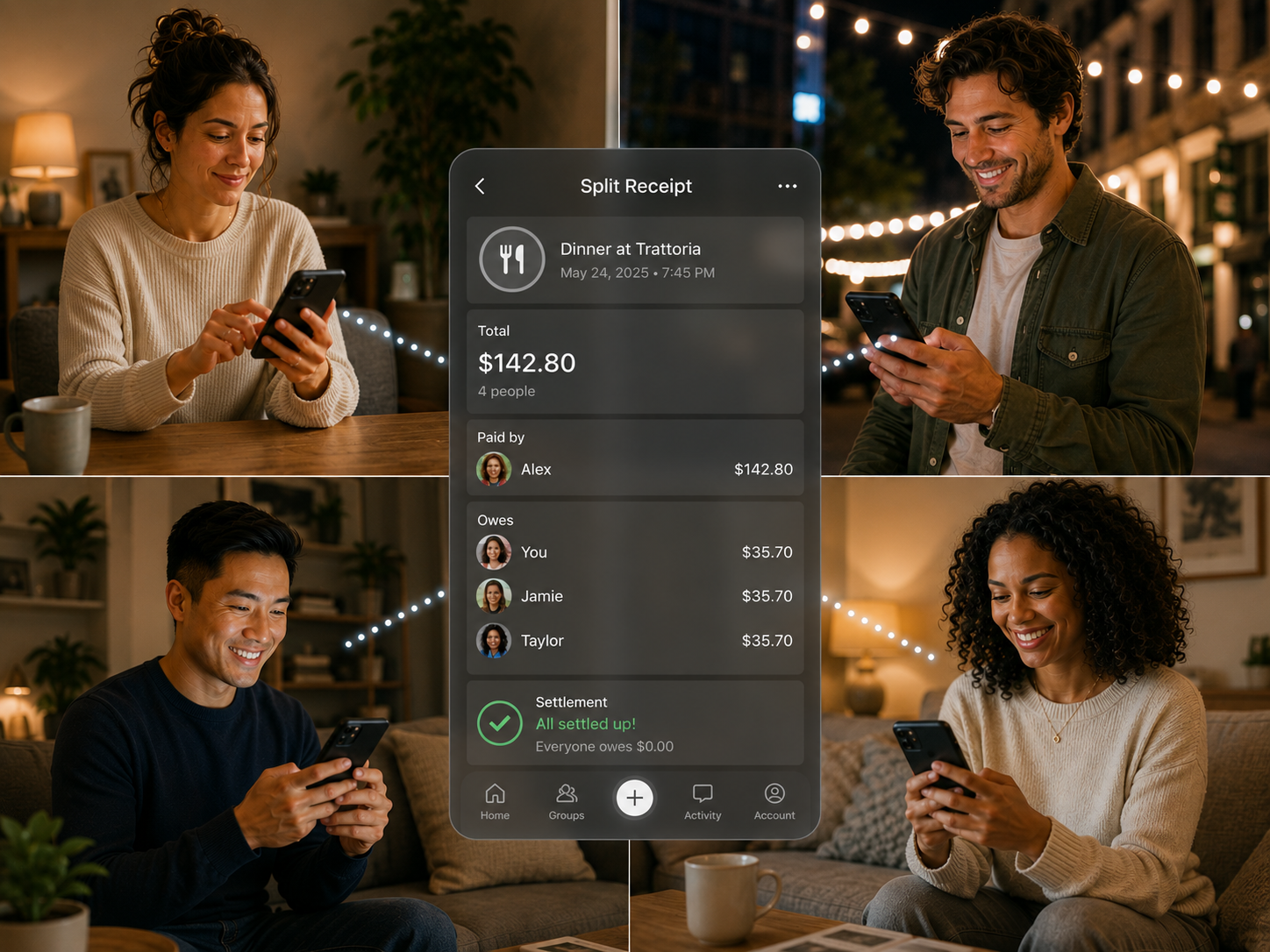 A person entering a split receipt in the app while other circle members see the balances and settlement update in real time