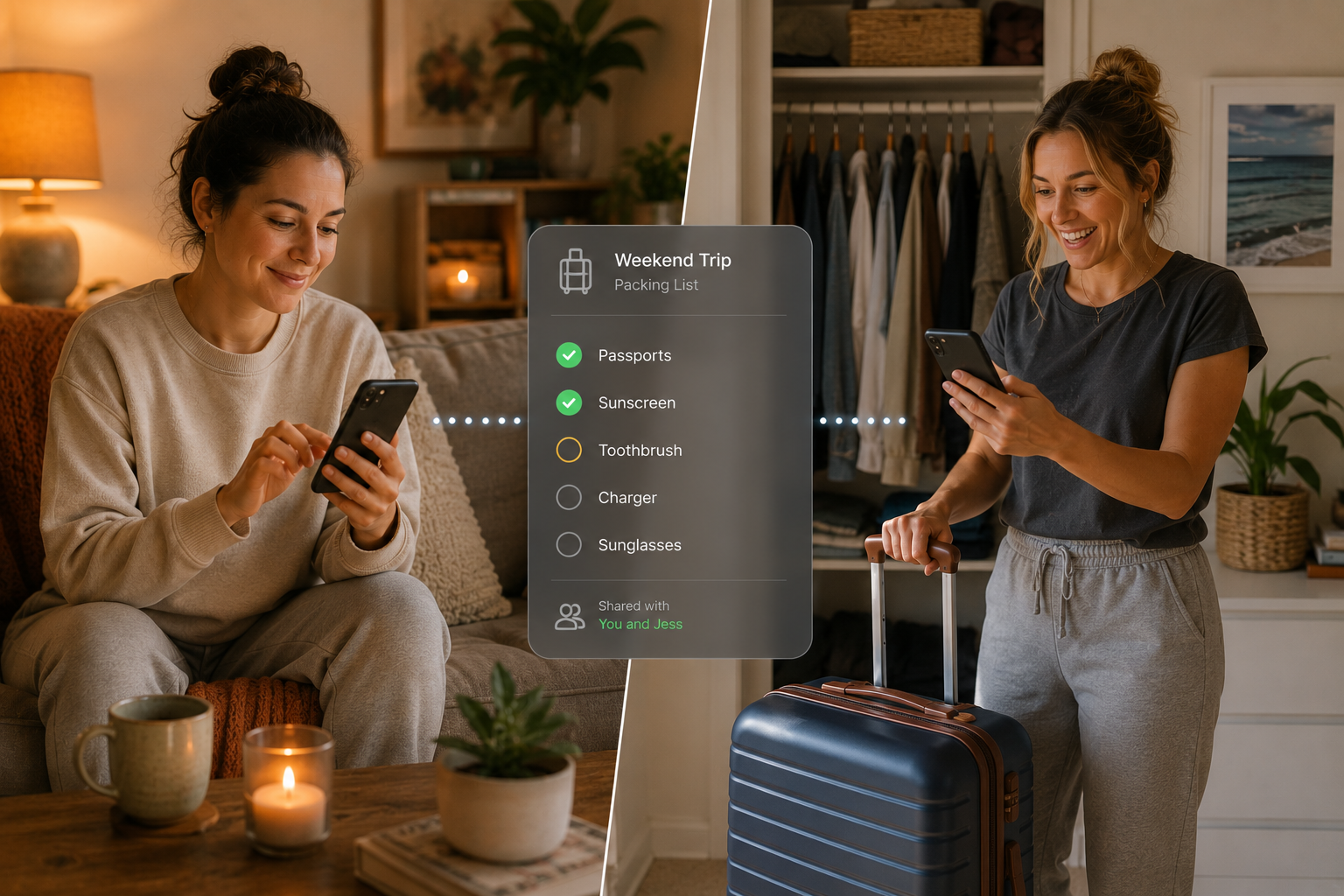 One friend creating a trip packing checklist at home while another friend in a different location checks items off in real time